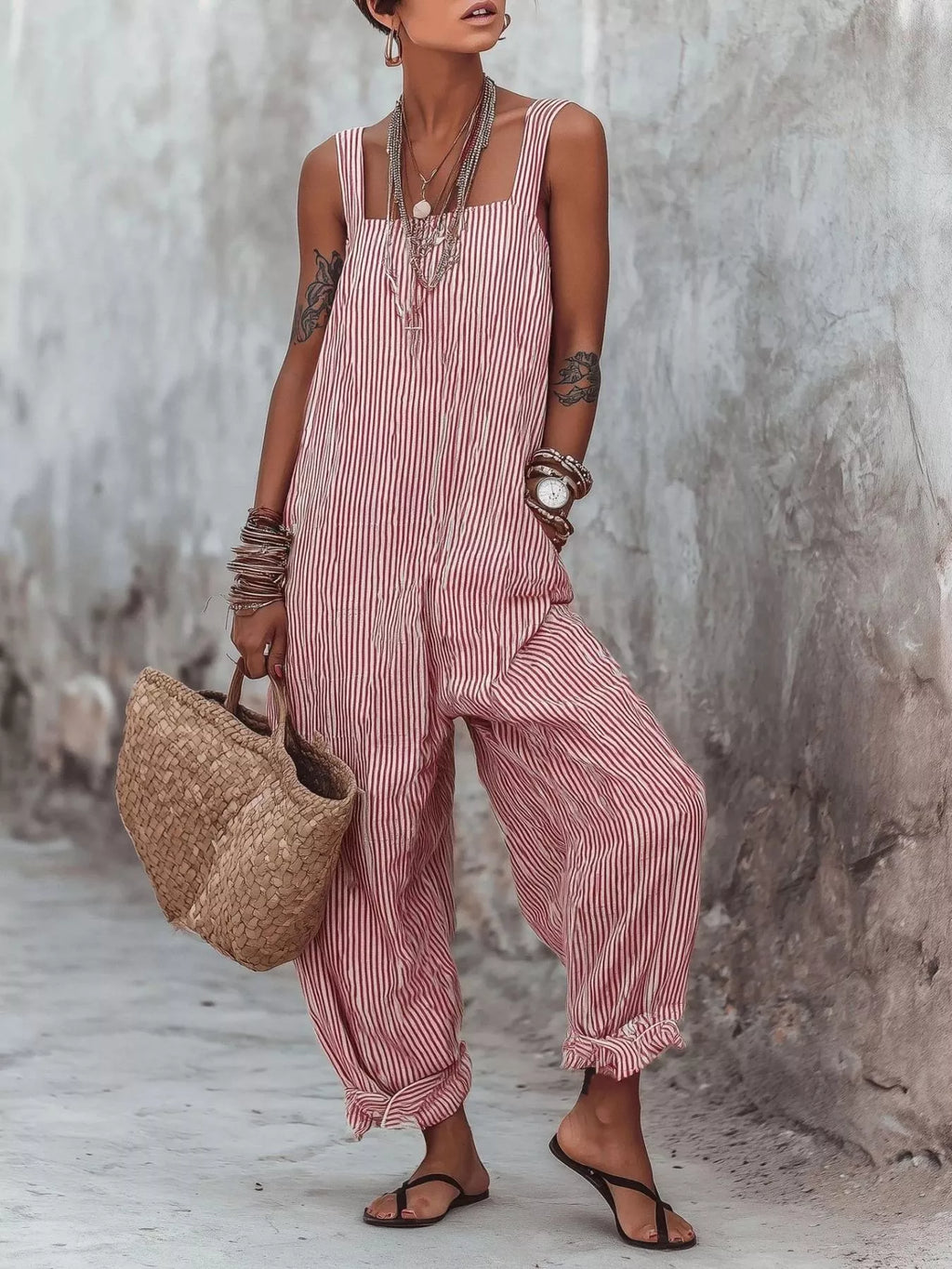 Red Striped Square Neck Wide Leg Jumpsuit, product view 1