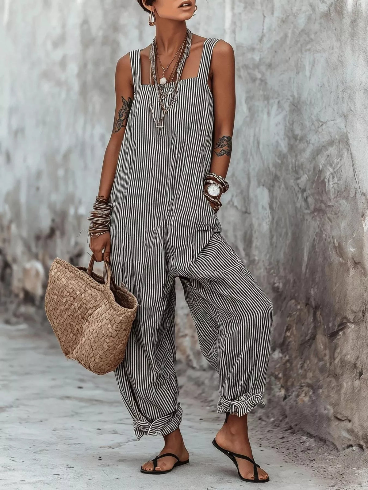 Red Striped Square Neck Wide Leg Jumpsuit, product view 3