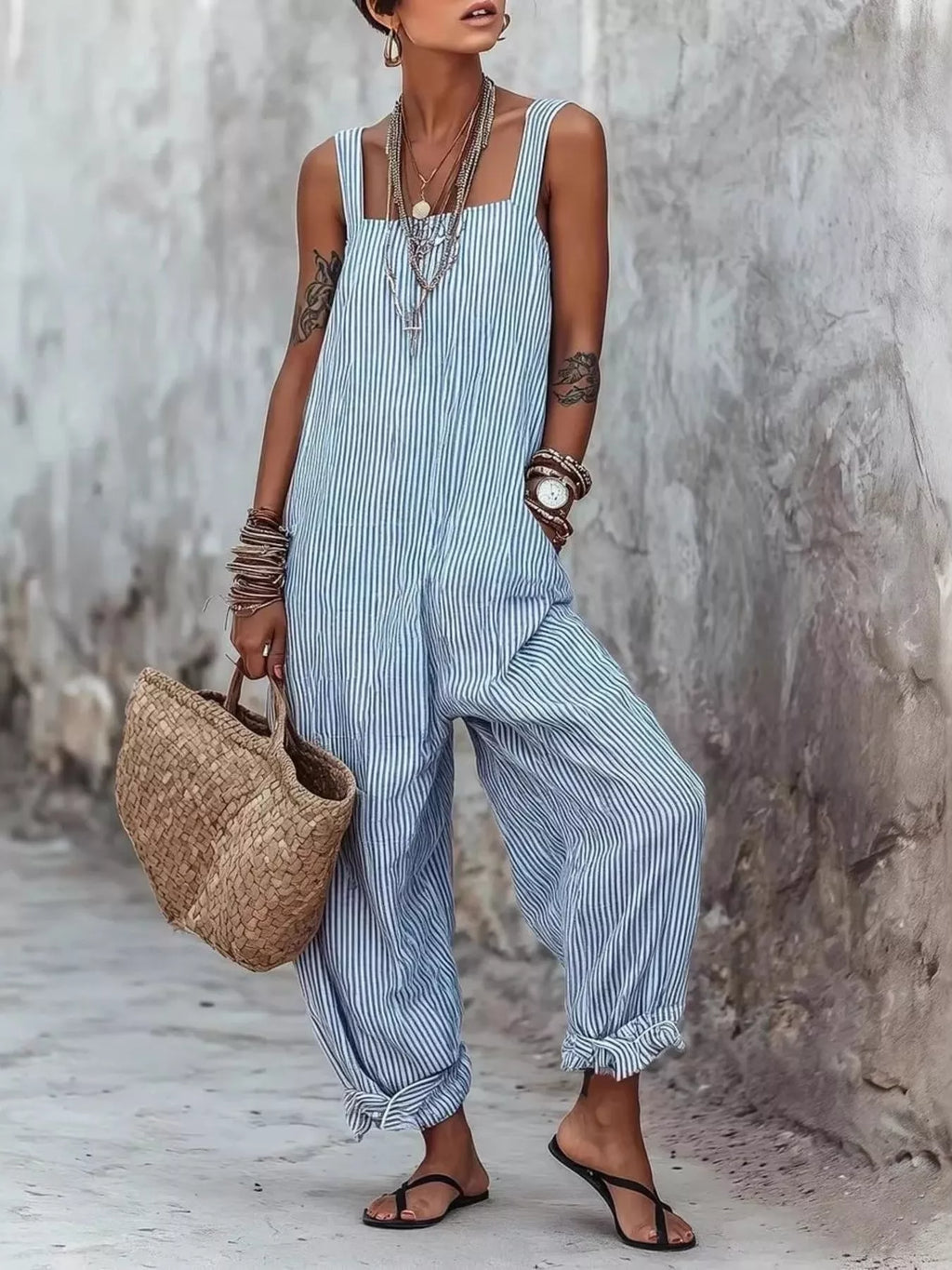 Red Striped Square Neck Wide Leg Jumpsuit, product view 5