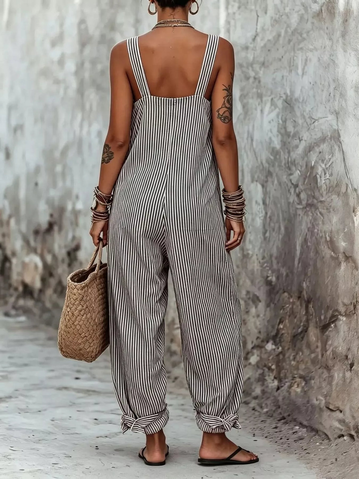 Red Striped Square Neck Wide Leg Jumpsuit, product view 4