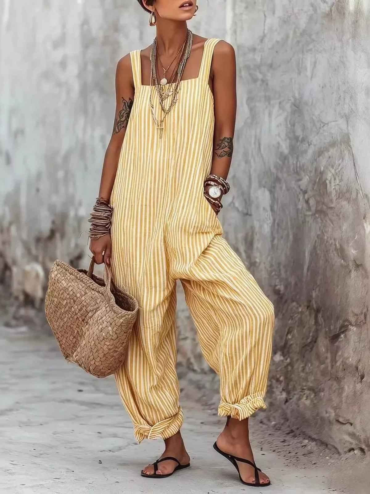 Black Striped Square Neck Wide Leg Jumpsuit, product view 5