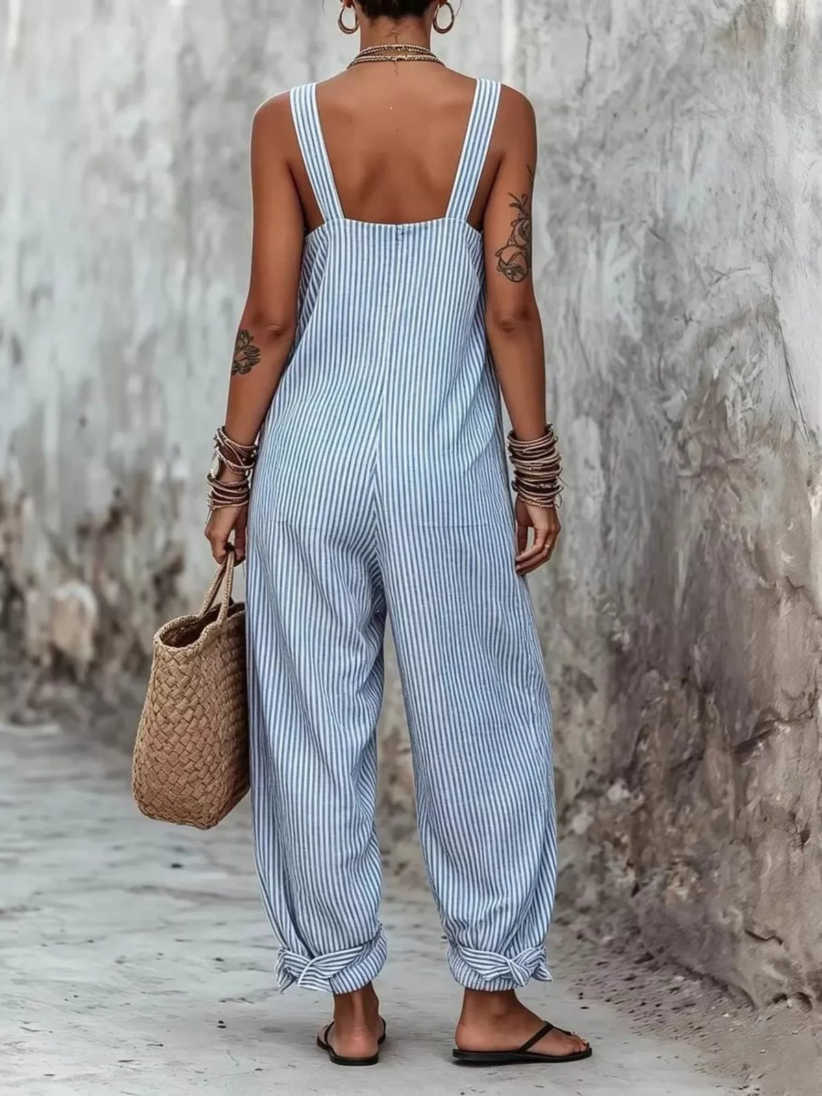 Red Striped Square Neck Wide Leg Jumpsuit, product view 6