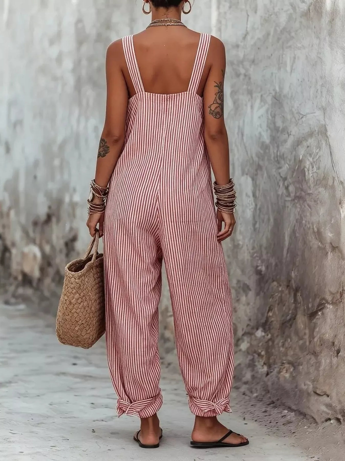 Red Striped Square Neck Wide Leg Jumpsuit, product view 2